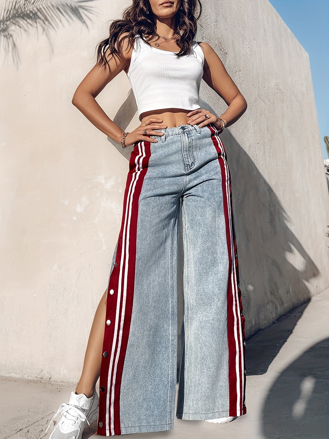Striped Spliced Button Wide Leg Jeans
